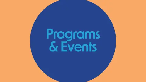 orange background, navy blue circle that reads "Programs and Events" 